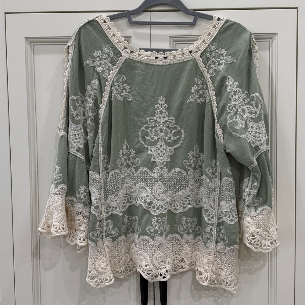 Democracy Embroidered Top Womens Large Green Lace Crochet Boho Peasant fairycore - Picture 2 of 11